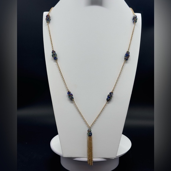 Liz Claiborne Gold Tone Multi-color Crystal Station Bead Neck with Tassel - Picture 1 of 6